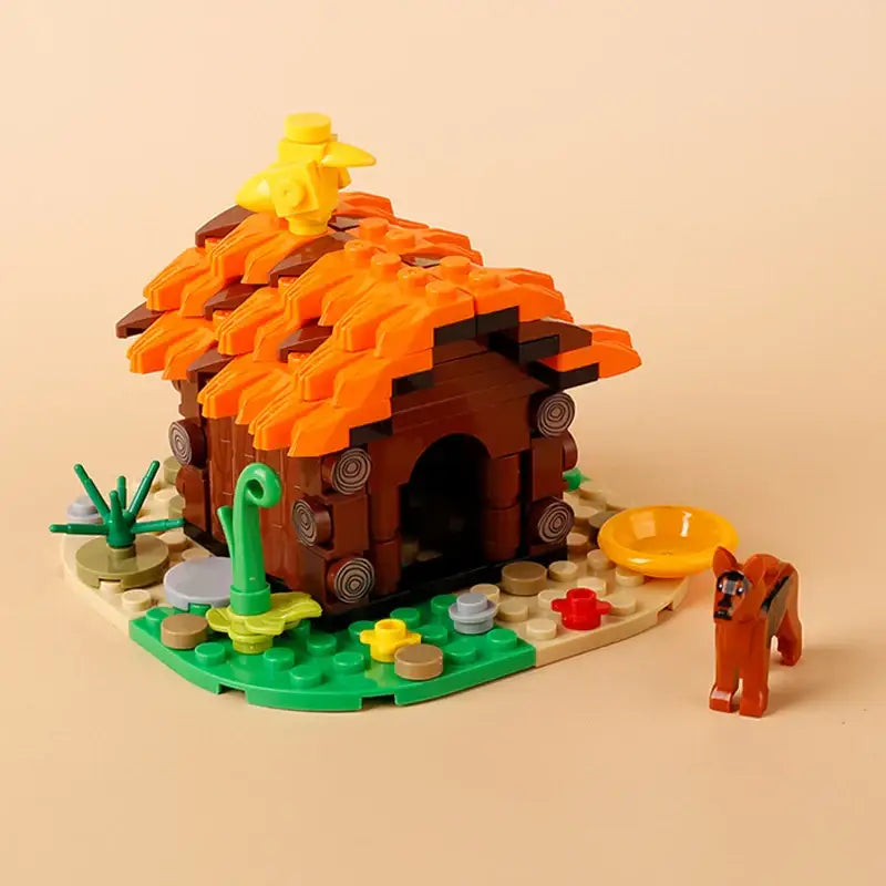Lego moc medieval maison de chien orange et marron avec oiseau jaune sur base verte avec plantes pour déguisement carnaval