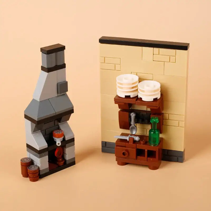 Lego moc medieval cheminée en lego gris et noir avec élément de feu rouge à la base pour déguisement carnaval