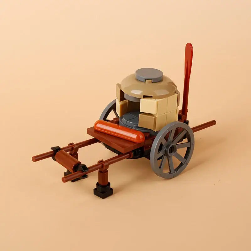 Béige et gris lego moc medieval chariot avec essieux effet bois poignée rouge et pièce orange en forme de saucisse