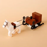 Lego moc medieval cheval blanc avec harnais marron tirant un traineau noir et marron pour déguisement carnaval