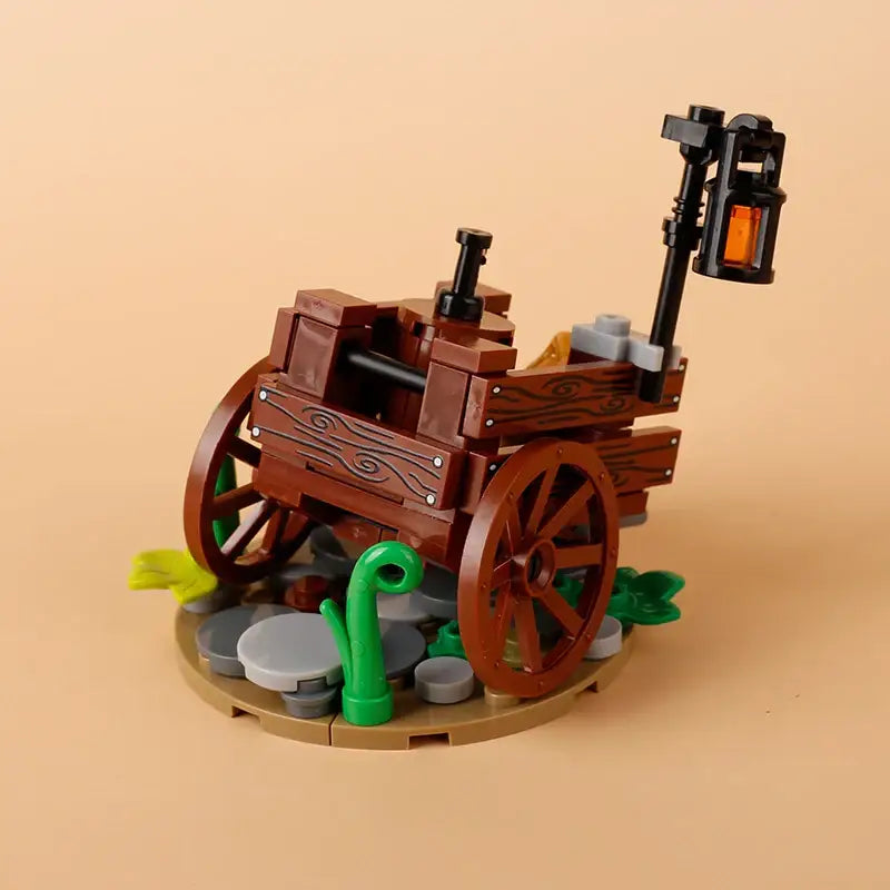 Lego moc medieval wagon en bois marron avec lanterne noire et plantes vertes pour déguisement carnaval
