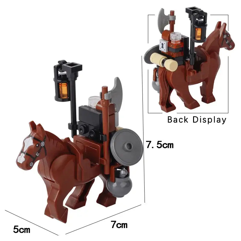 Lego moc medieval chevalier en plastique marron avec accessoires noirs et gris pour déguisement carnaval