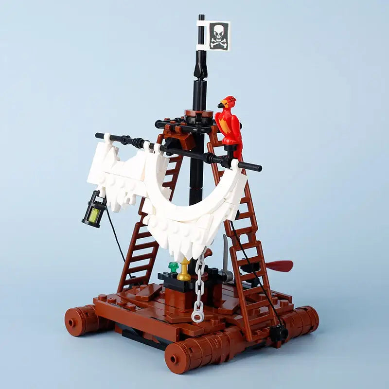 Lego moc medieval bateau pirate rouge avec coque imitation bois et drapeau tête de mort pour déguisement carnaval