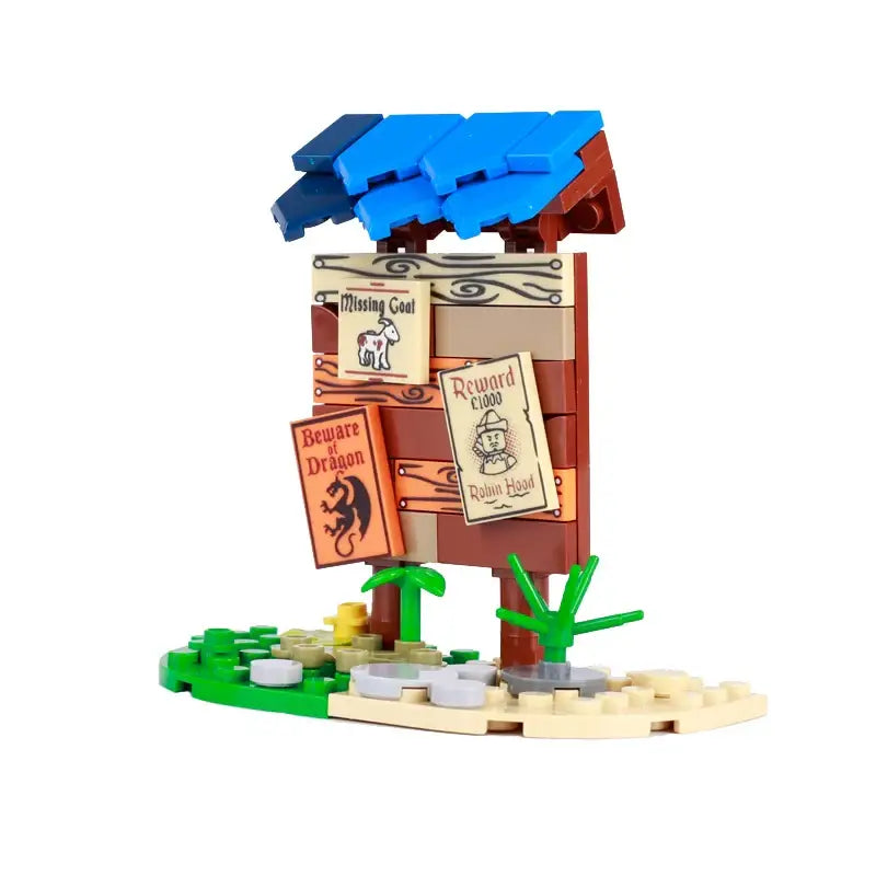 Lego moc medieval panneau en bois avec toit bleu affichant avis vintage missing goat reward 1000 beware of dragon