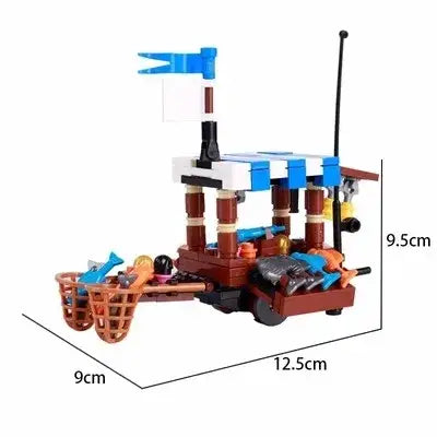 Modèle lego moc medieval d’un navire pirate avec voile noire et couverture rayée bleu et blanc pour déguisement carnaval