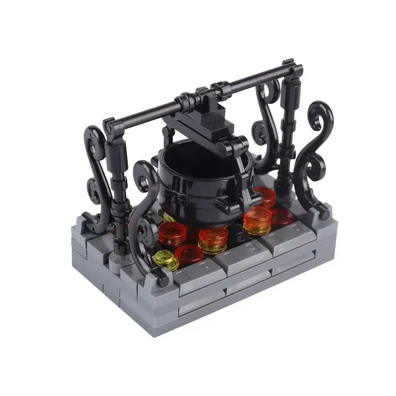 Lego moc medieval avec chaudron noir suspendu sur base en briques grises et supports métalliques ornés pour déguisement carnaval