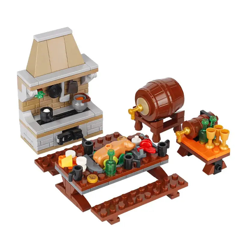 Lego moc medieval cuisine en lego brun avec cuisinière tonneau et table avec aliments pour déguisement carnaval