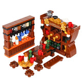 Bar lego moc médiéval en marron avec étagères détaillées, bouteilles et porte-bougies pour déguisement carnaval