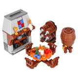 Lego moc medieval en plastique marron représentant une taverne médiévale avec barils table chaises et cheminée