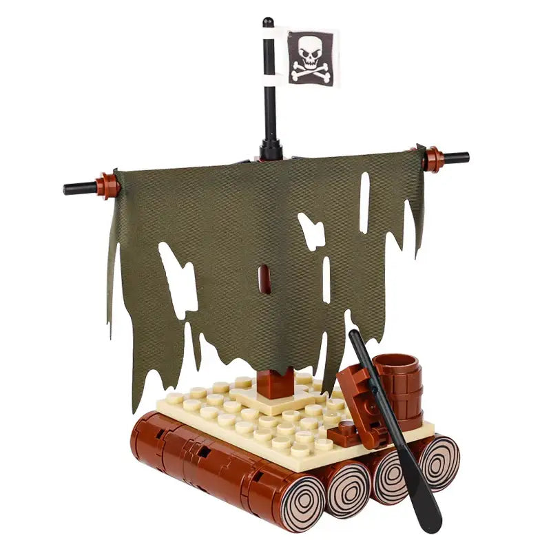 Lego moc medieval un bateau pirate en briques plastiques avec voile verte olive déchirée et drapeau noir pirate pour déguisement carnaval