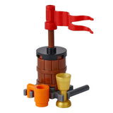 Lego moc medieval tonneau en plastique marron avec drapeau rouge et coupes orange et or pour déguisement carnaval