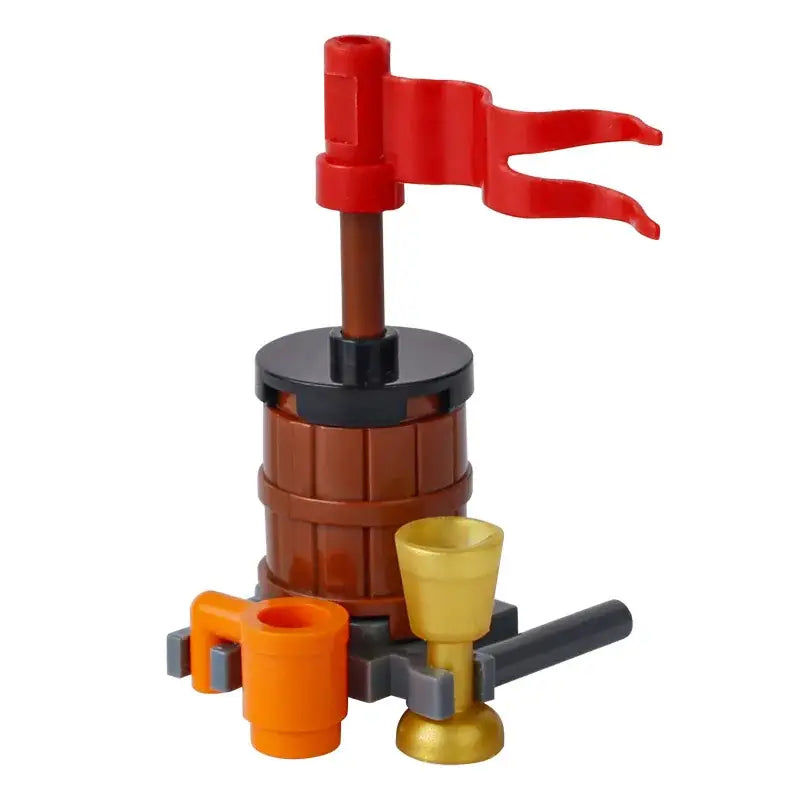 Lego moc medieval tonneau en plastique marron avec drapeau rouge et coupes orange et or pour déguisement carnaval