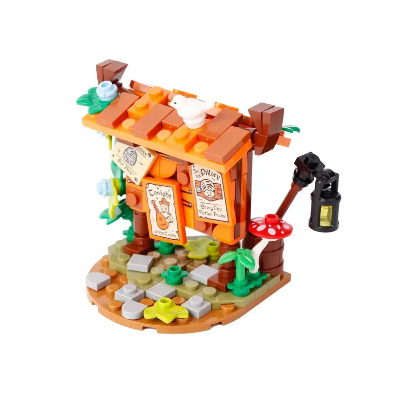 Lego moc medieval boutique miniaturisée en briques orange avec oiseau blanc sur le toit et champignon rouge blanc