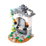 Structure en lego moc medieval grise et blanche avec arche, torches, lierre et colombe pour déguisement carnaval