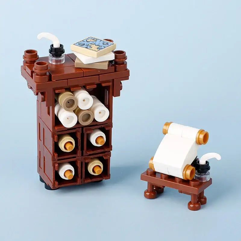 Lego moc medieval brun représentant une cave à vin miniature avec bouteilles et table en bois pour déguisement carnaval