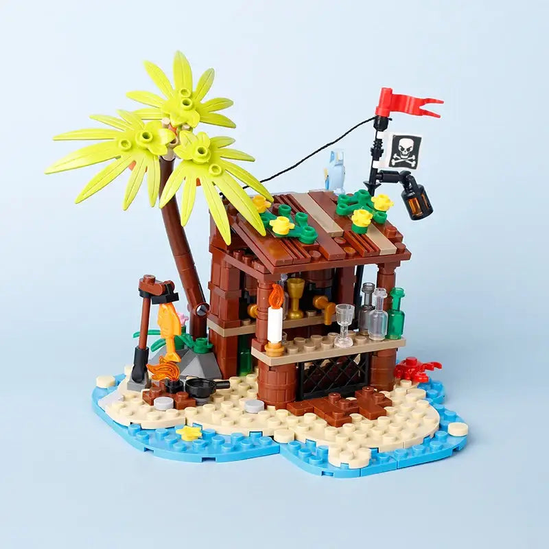 Lego moc medieval bar pirate en bois marron avec palmier jaune et drapeau rouge skull pour déguisement carnaval