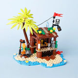 Lego moc medieval bar pirate en bois marron avec palmier jaune et drapeau rouge skull pour déguisement carnaval
