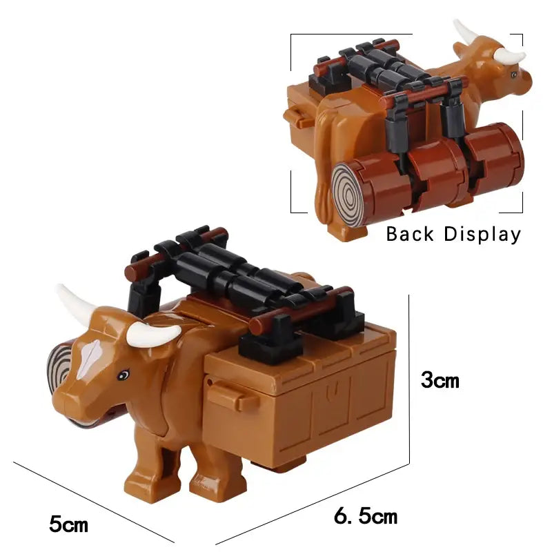 Vue arrière d un jouet en plastique marron en forme de vache avec cornes blanches et pièces mécaniques noires lego moc médiéval