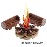 Lego moc campfire en style médiéval avec flammes translucides orange et jaune en pièces lego pour déguisement carnaval