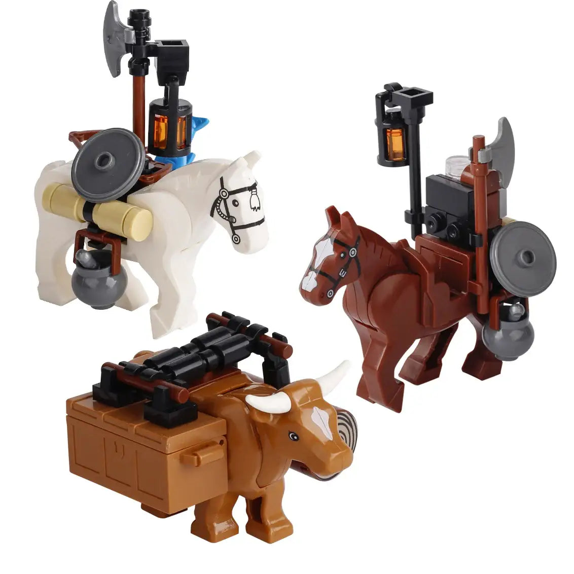 Lego moc medieval cheval en plastique marron avec harnais noir et accessoires hache bouclier lanterne pour déguisement carnaval