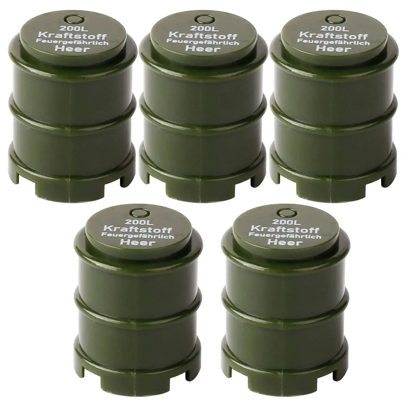 Capsules en plastique vert olive de bidons de carburant militaire lego moc ww2 avec inscription feu 200l kraftstoff