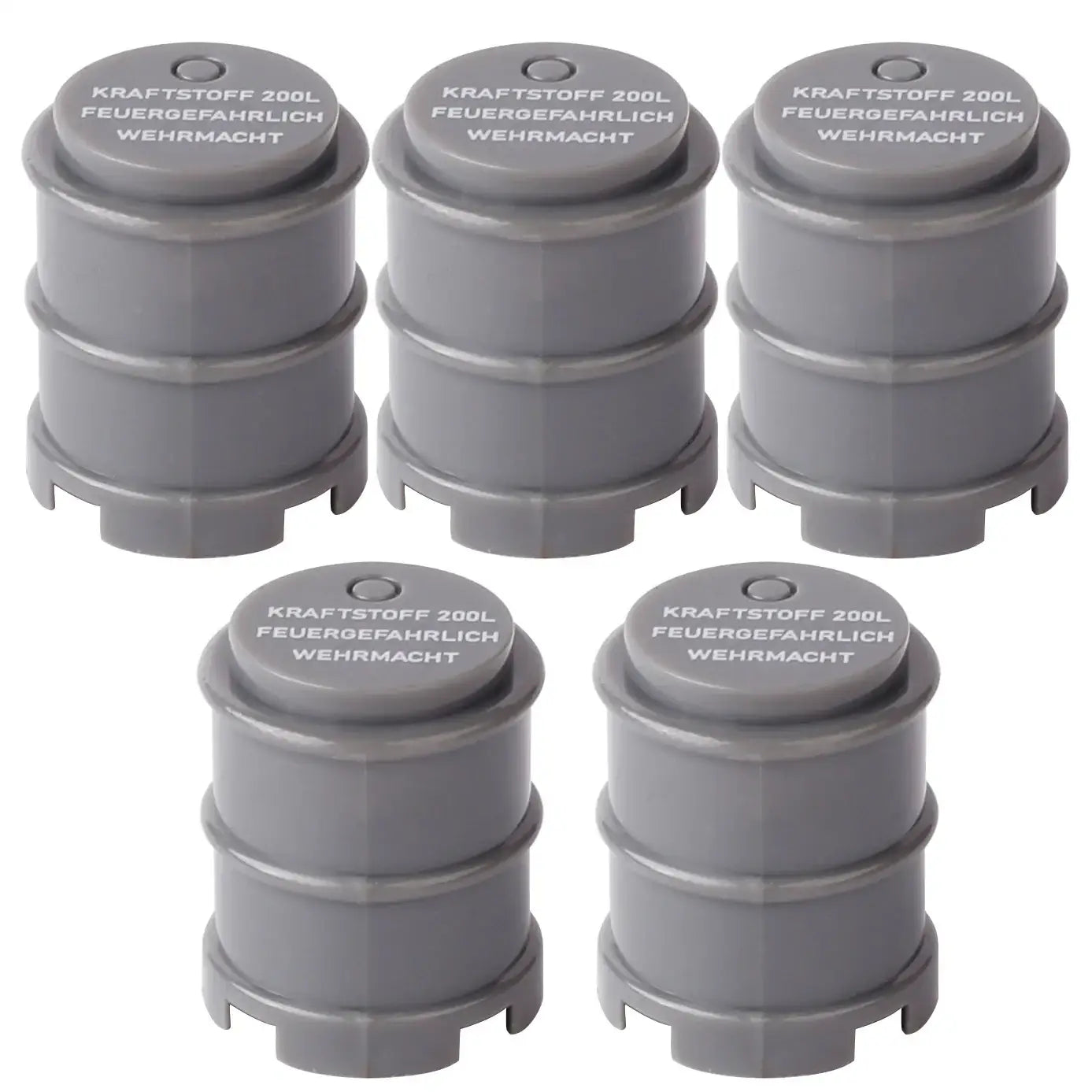 Gray plastic model gas canisters labeled kraftstoff 200l feuergefahrlich wehrmacht for lego moc ww2 militaire construction
