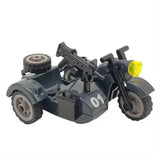 Dark gray lego moc ww2 sidecar motorcycle with mounted machine gun and yellow headlight for lego adulte enthusiasts