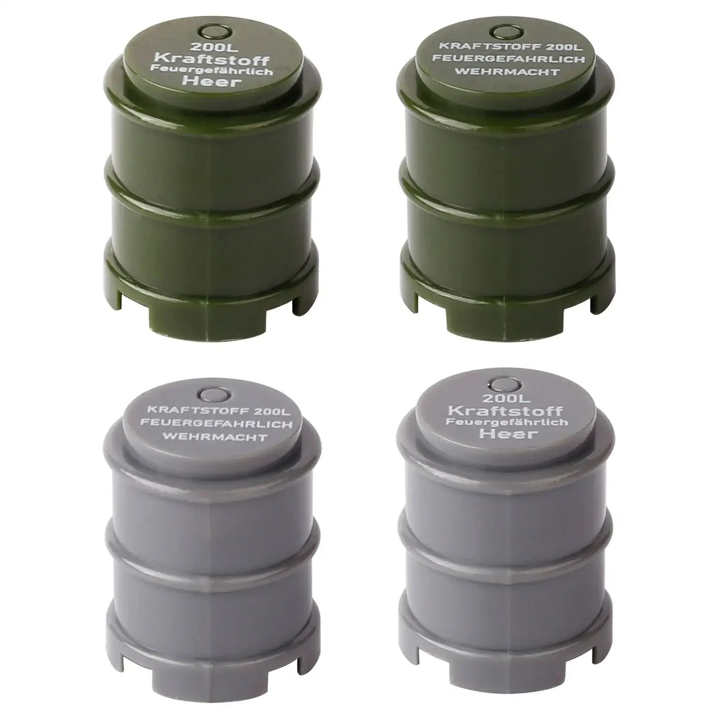 Quatre bidons de gaz miniatures lego moc ww2 verts et gris avec texte allemand et avertissements de danger