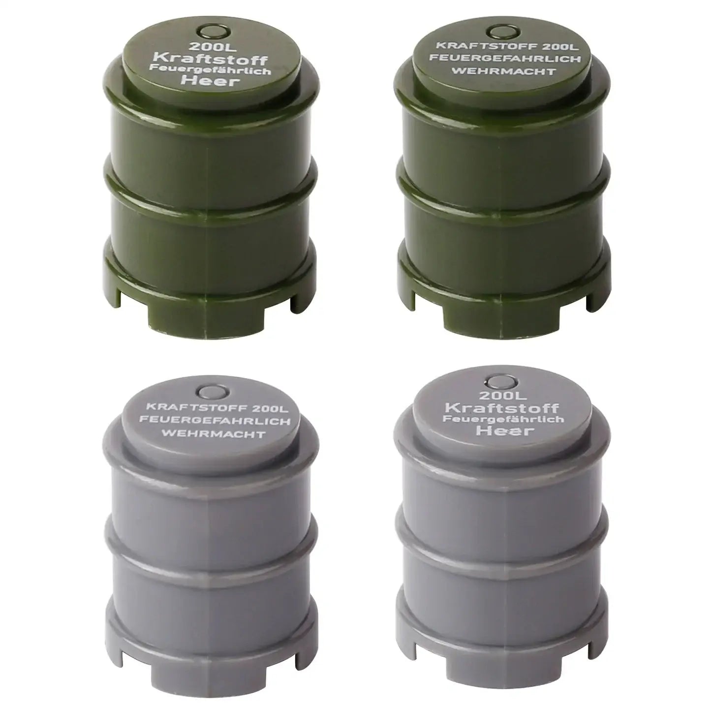 Quatre bidons de gaz miniatures lego moc ww2 verts et gris avec texte allemand et avertissements de danger