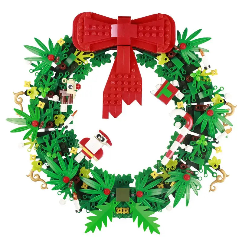 Lego moc décor de noël avec nœud rouge en lego sur une couronne verte en feuilles plastiques pour noël 2025