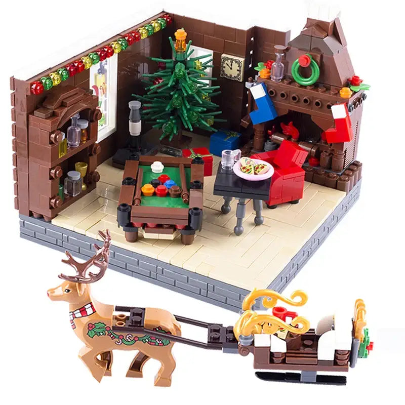 Lego moc décor de noël présentant un salon en briques avec décorations festives et un renne tirant un traîneau