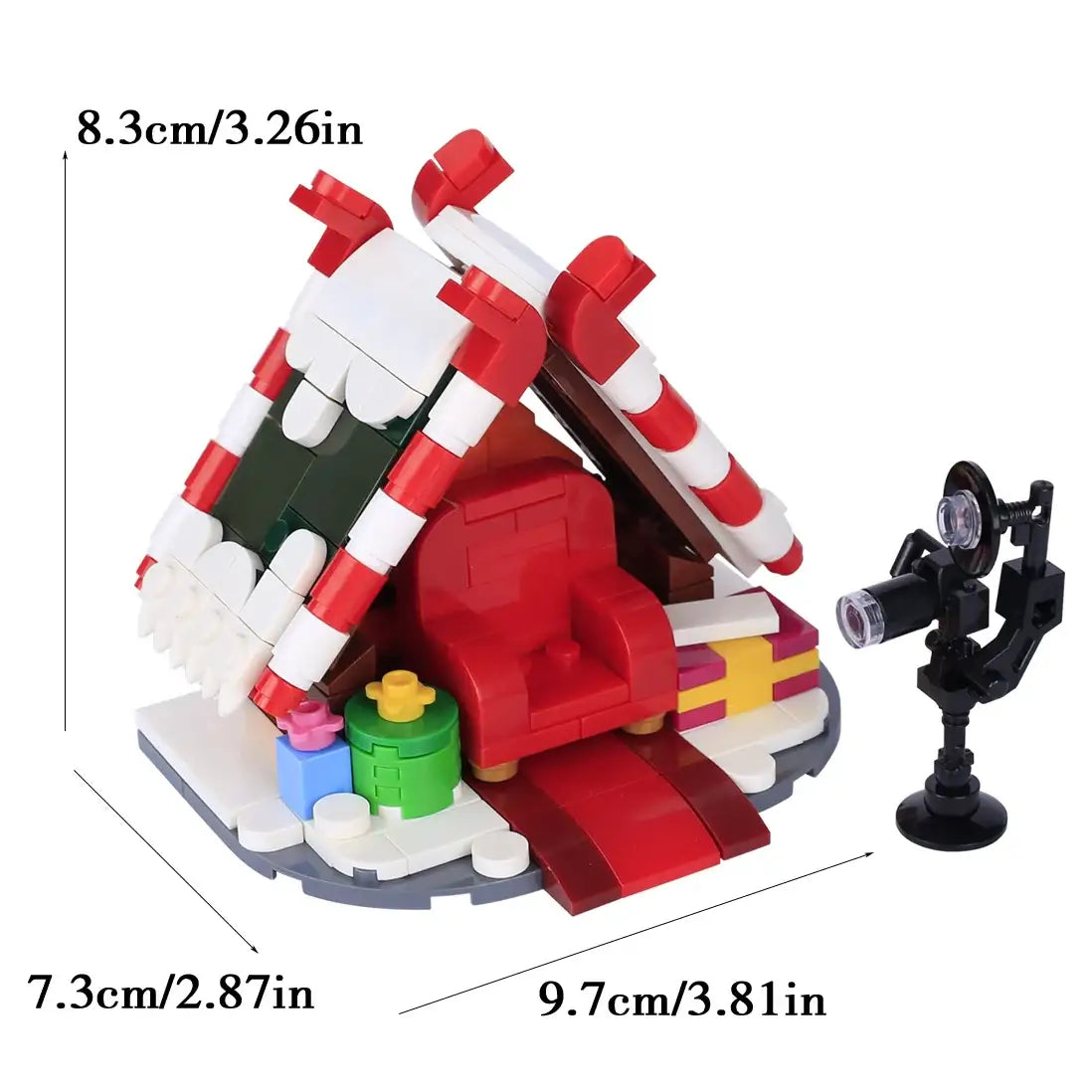 Lego moc de maison décor de noël rouge et blanc motif canne en sucre avec fauteuil rouge à l’intérieur lego noël 2025