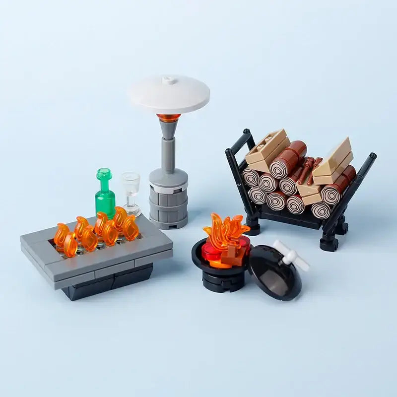 Lego moc accessoire lego avec un coin feu extérieur gris et noir avec flammes orange et meuble patio moderne