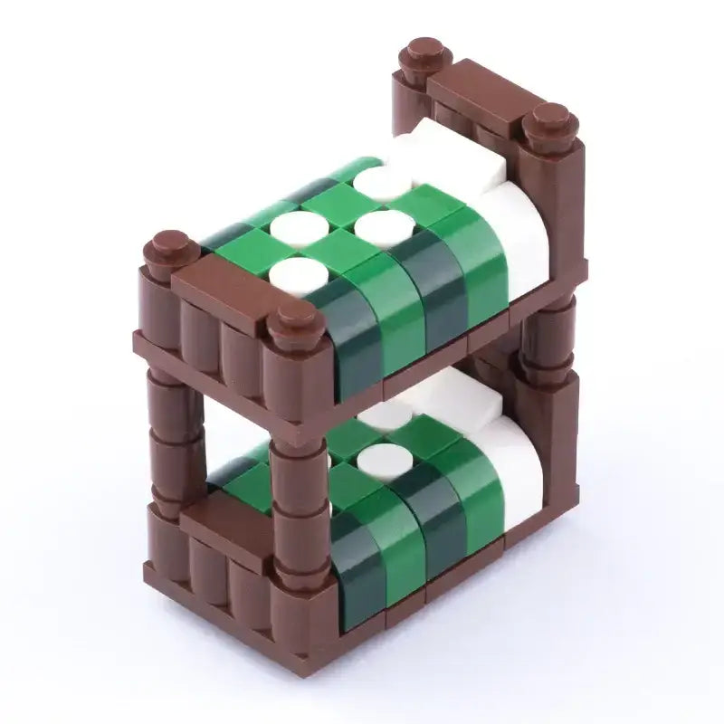 Lit superposé lego moc en plastique marron avec literie rayée verte et blanche accessoire lego meuble moderne