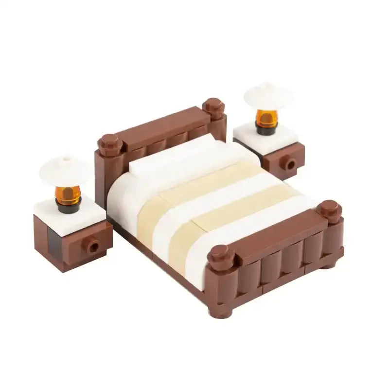 Lit lego moc marron avec literie rayée blanc beige et lego meuble de chevet avec lampes comme accessoire lego