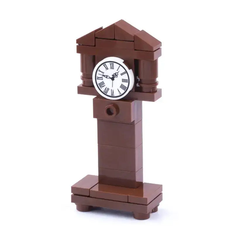 Lego moc accessoire lego meuble horloge grand-père marron à cadran blanc avec chiffres romains noirs pour décoration intérieure maison moderne