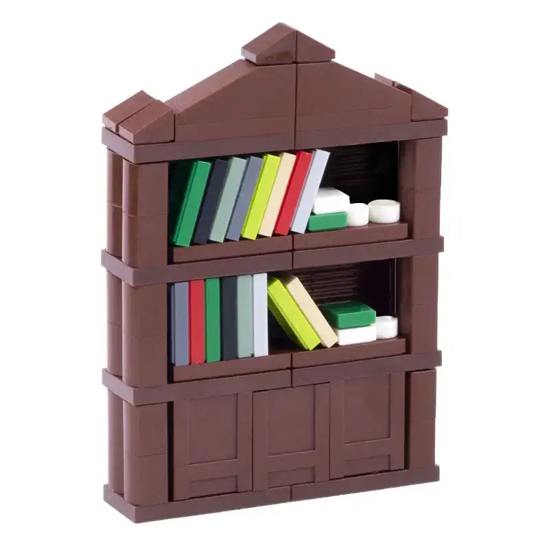 Brown lego meuble étagère à deux niveaux avec livres colorés et objets cylindriques blanc accessoire lego moc