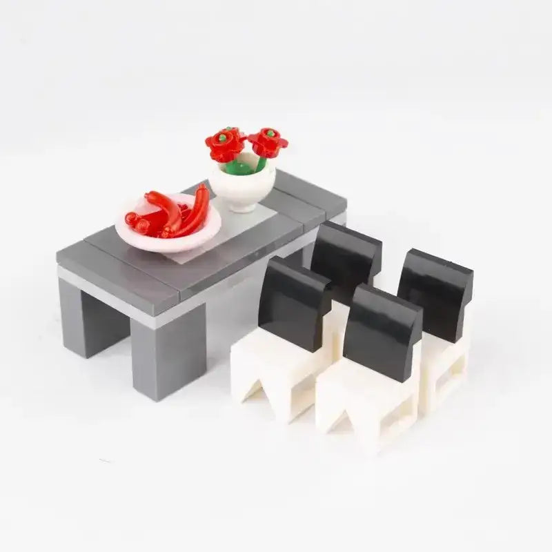 Ensemble lego moc décoration intérieure maison moderne avec table à manger grise et chaises noir blanc accessoire lego