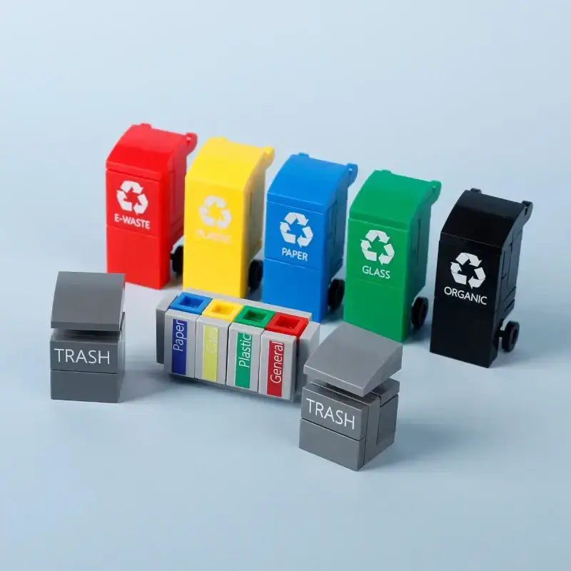 Jeu de lego moc avec accessoire lego meuble ensemble de poubelles colorées en plastique pour tri recyclage intérieur maison moderne