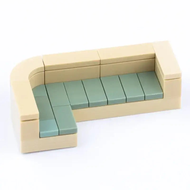 Lego moc meuble canapé beige et teal en lego avec design incurvé en l pour décoration maison moderne