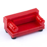 Red plastic lego moc canapé avec accoudoirs arrondis et pieds noirs accessoire lego meuble pour maison moderne