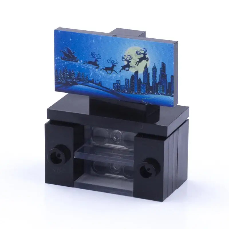 Lego moc meuble tv noir avec écran bleu décor saisonnier père noël traîneau skyline ville pleine lune