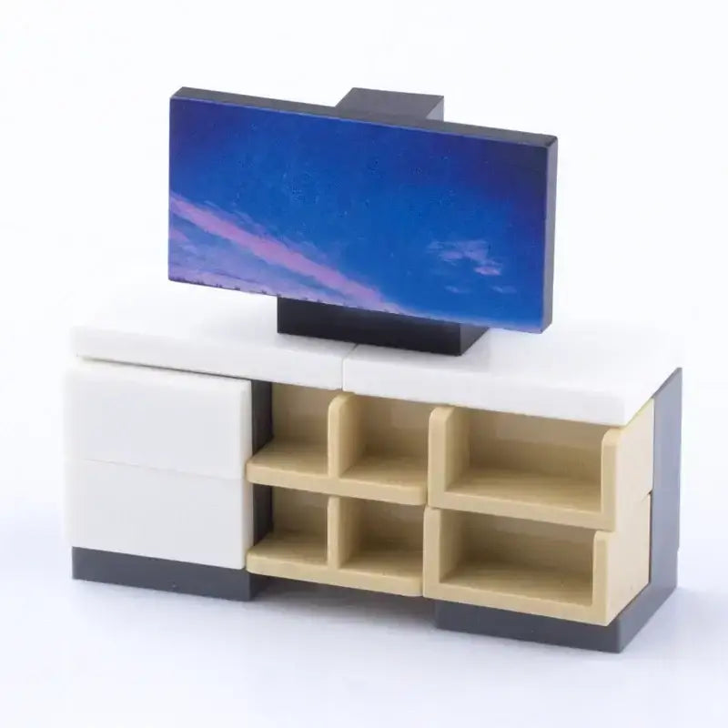 Lego moc accessoire lego miniature tv avec écran bleu nuageux sur meuble deux tons blanc beige moderne