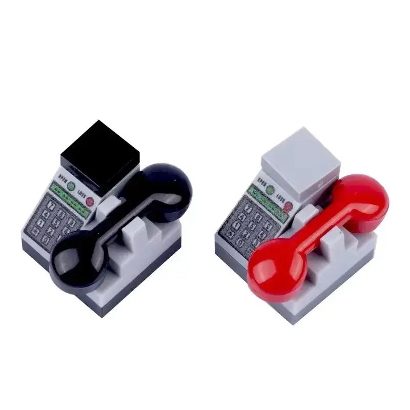 Miniature téléphone de bureau lego moc noir et rouge avec prise de combiné brillante accessoire lego meuble moderne