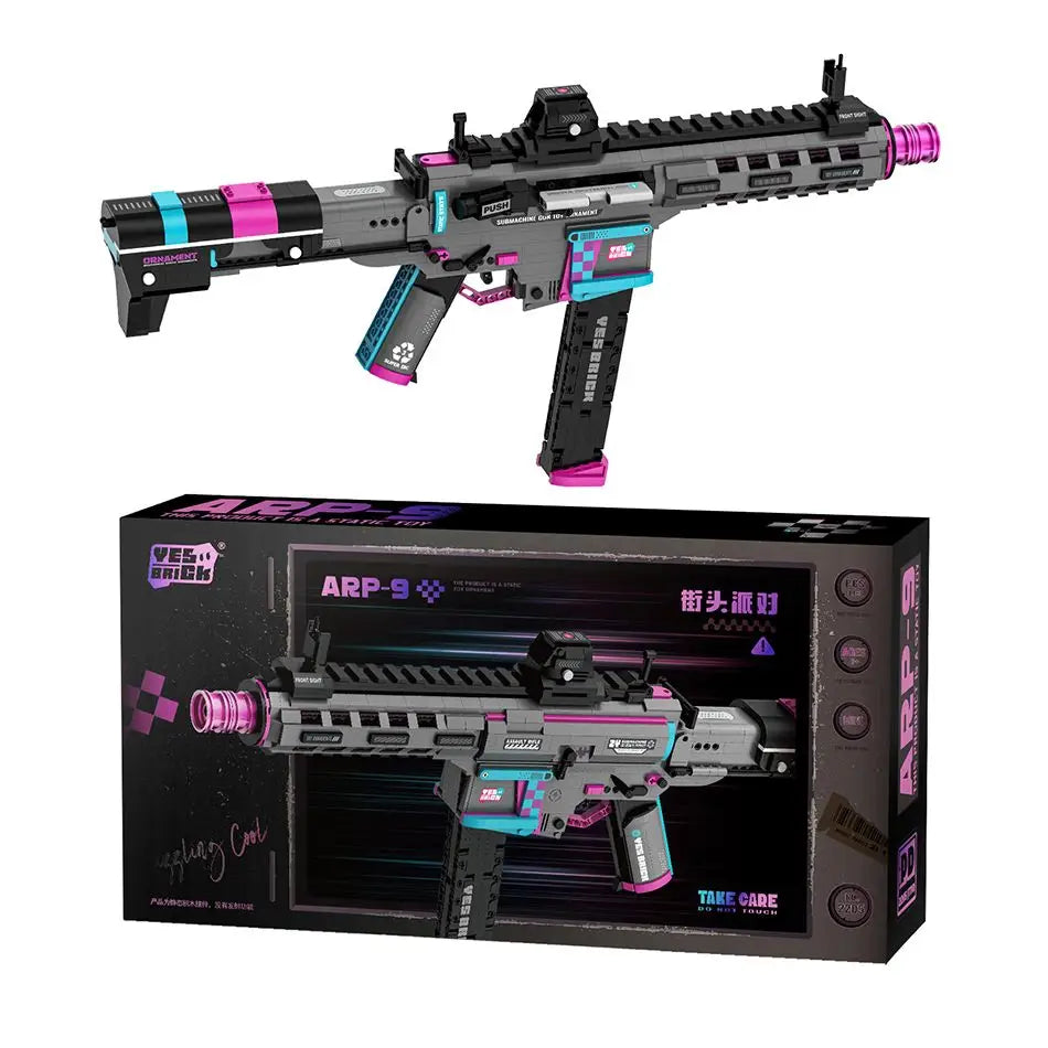 Lego moc fusil d’assaut noir et rose avec accents teal en plastique lego moc fusil de style moderne