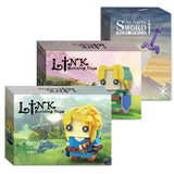 Figurine lego moc link breath of the wild en brique plastique avec tunique bleue et chapeau vert aux cheveux jaunes