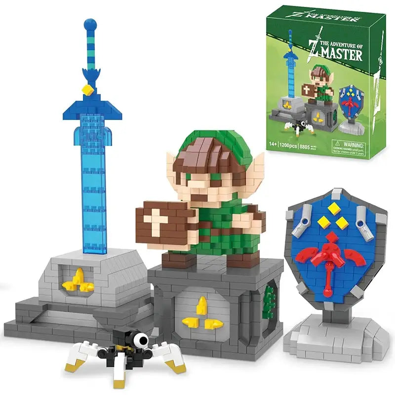 Lego moc link zelda botw bouclier avec figurine pixelisée link en vert et épée bleue translucide sur socle gris