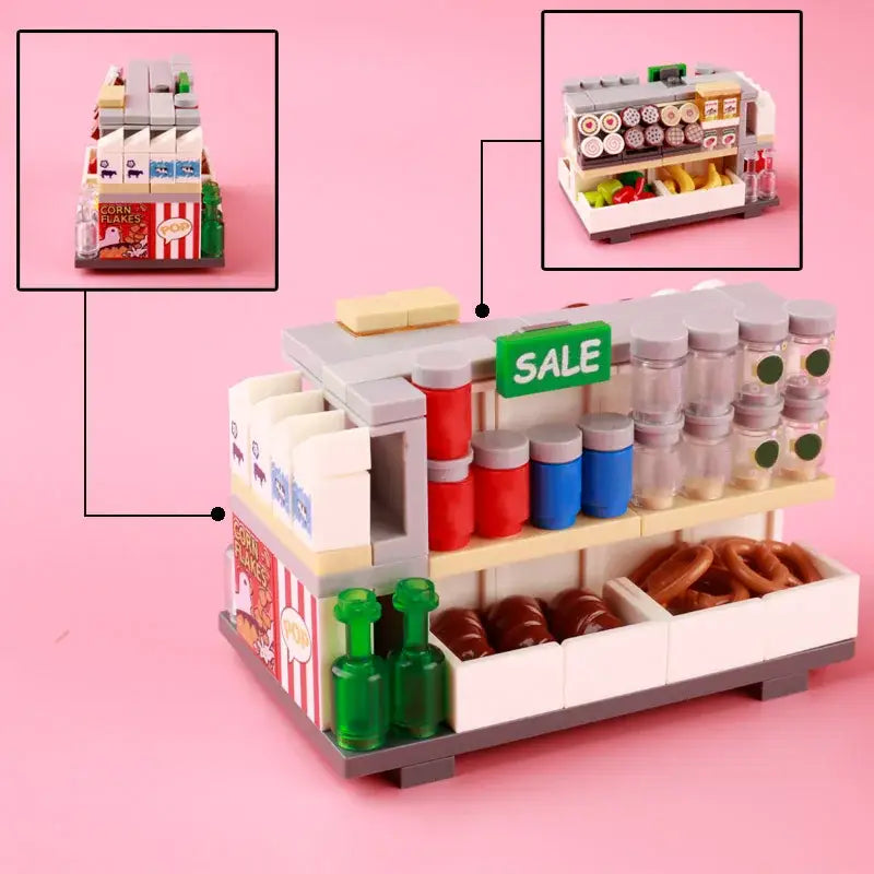 Lego moc magasin supermarché avec étagère détaillée contenant bocaux rouges et bleus, bouteilles vertes, et légumes lego