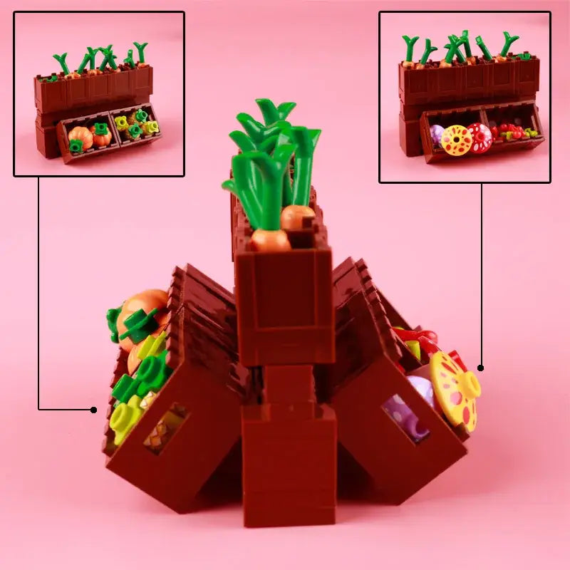 Lego moc caisse de légumes marron avec tiges vertes et lego fruits colorés pour magasin supermarché
