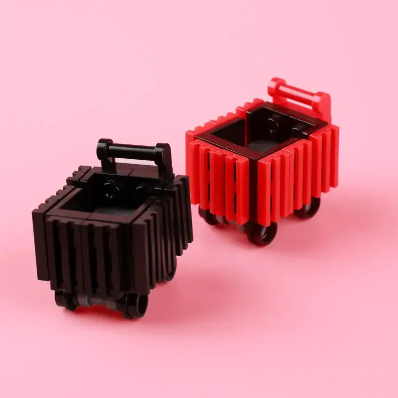Lego moc magasin supermarché avec poubelles lego fruits en plastique noir et rouge à roulettes et poignées